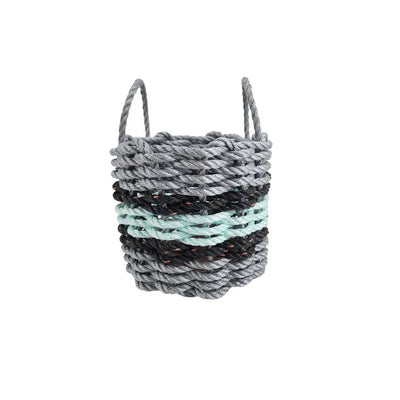 Lobster rope basket in light gray and seafoam colors with black accents, shown in three sizes