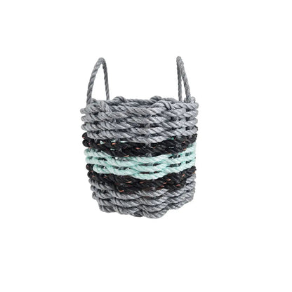 Lobster rope basket in light gray and seafoam colors with black accents, shown in three sizes