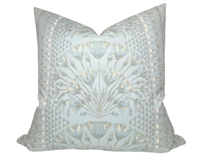 Cairo Pillow Cover in Spa Blue showing printed front and ivory linen back