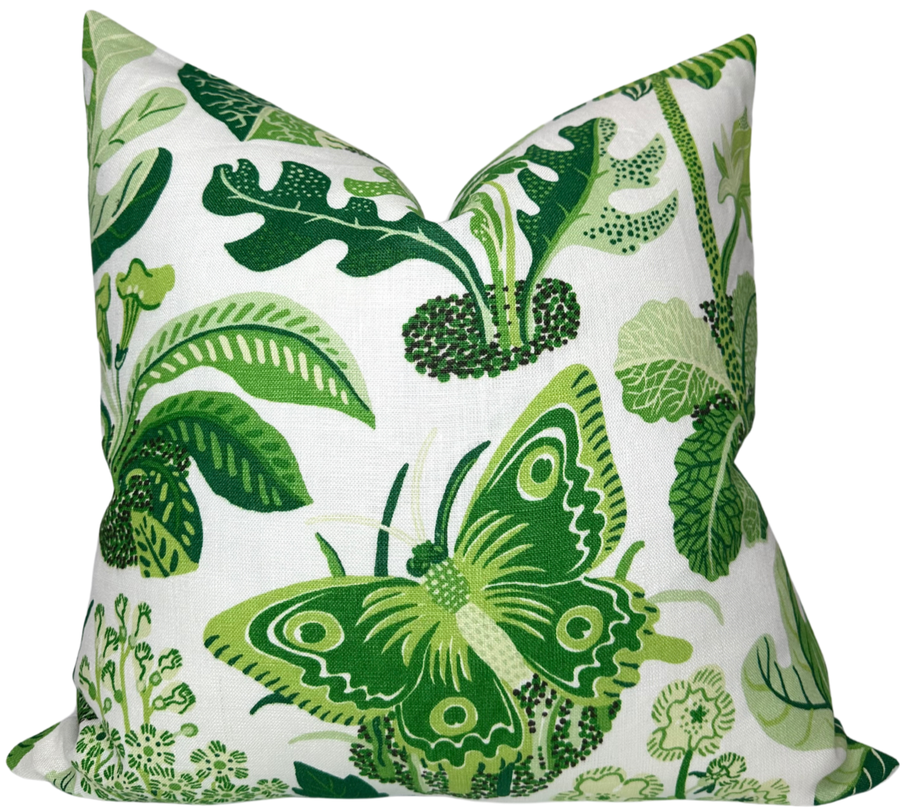 Exotic Butterfly Pillow Cover in Leaf Green showing front butterfly print and ivory linen back