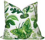 Exotic Butterfly Pillow Cover in Leaf Green showing front butterfly print and ivory linen back