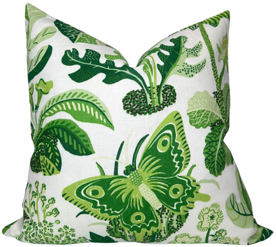Exotic Butterfly Pillow Cover in Leaf Green showing front butterfly print and ivory linen back