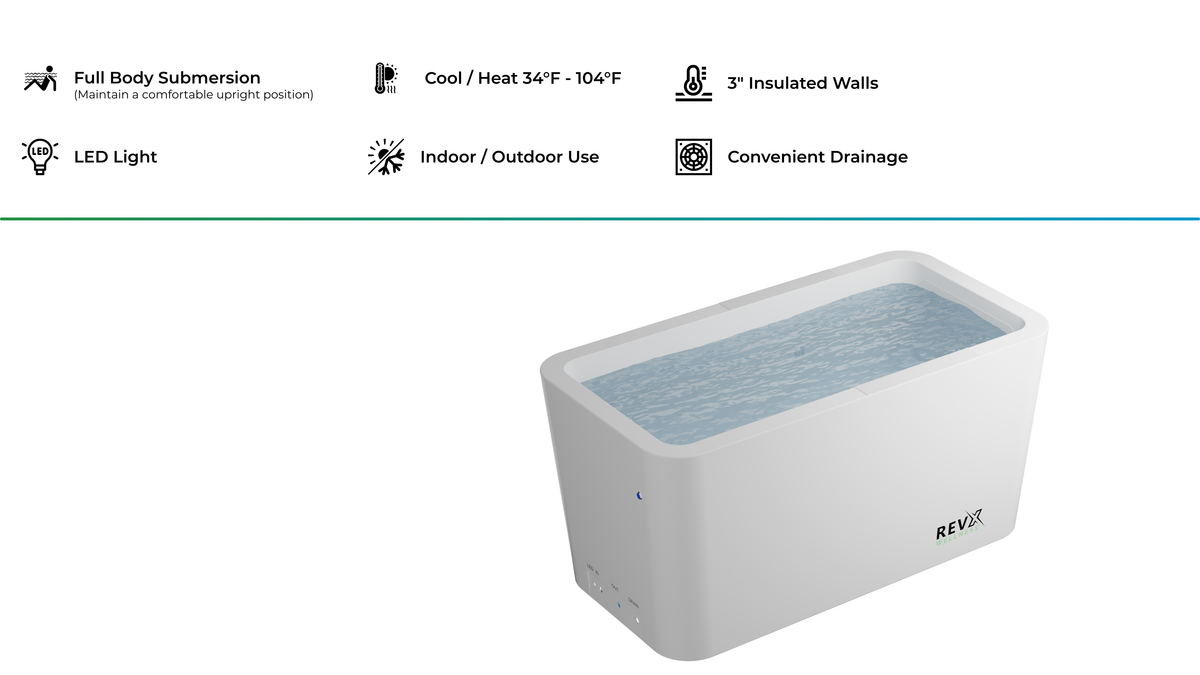 Rectangular white acrylic cold plunge tub filled with water, featuring smooth edges and the REVX logo on the side, shown from an angled top view.