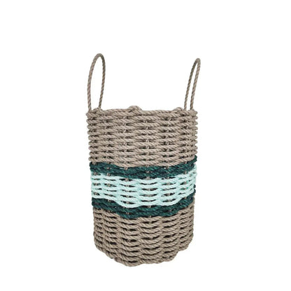 Lobster rope basket in tan and seafoam colors with hunter green accents, shown in various sizes