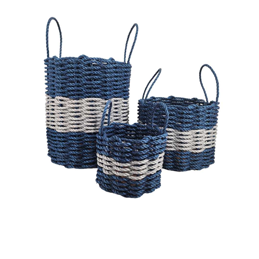 Navy blue and light gray lobster rope storage basket handcrafted in Maine