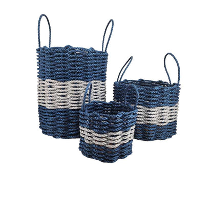 Navy blue and light gray lobster rope storage basket handcrafted in Maine