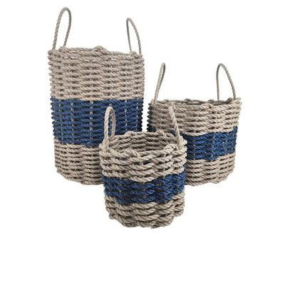 Handmade storage basket woven from authentic Maine lobster rope in tan and navy blue