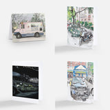 Four notecards showing illustrations of vehicles: a pastel ice cream truck, a green sports car with a scooter on a leafy street, a vintage green car in a nighttime scene, and a damaged black car in front of a Goodyear shop.