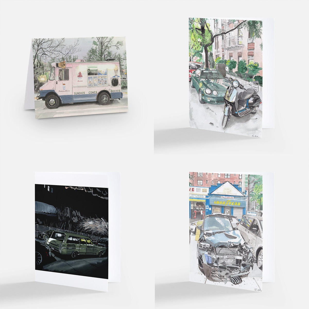 Four notecards showing illustrations of vehicles: a pastel ice cream truck, a green sports car with a scooter on a leafy street, a vintage green car in a nighttime scene, and a damaged black car in front of a Goodyear shop.