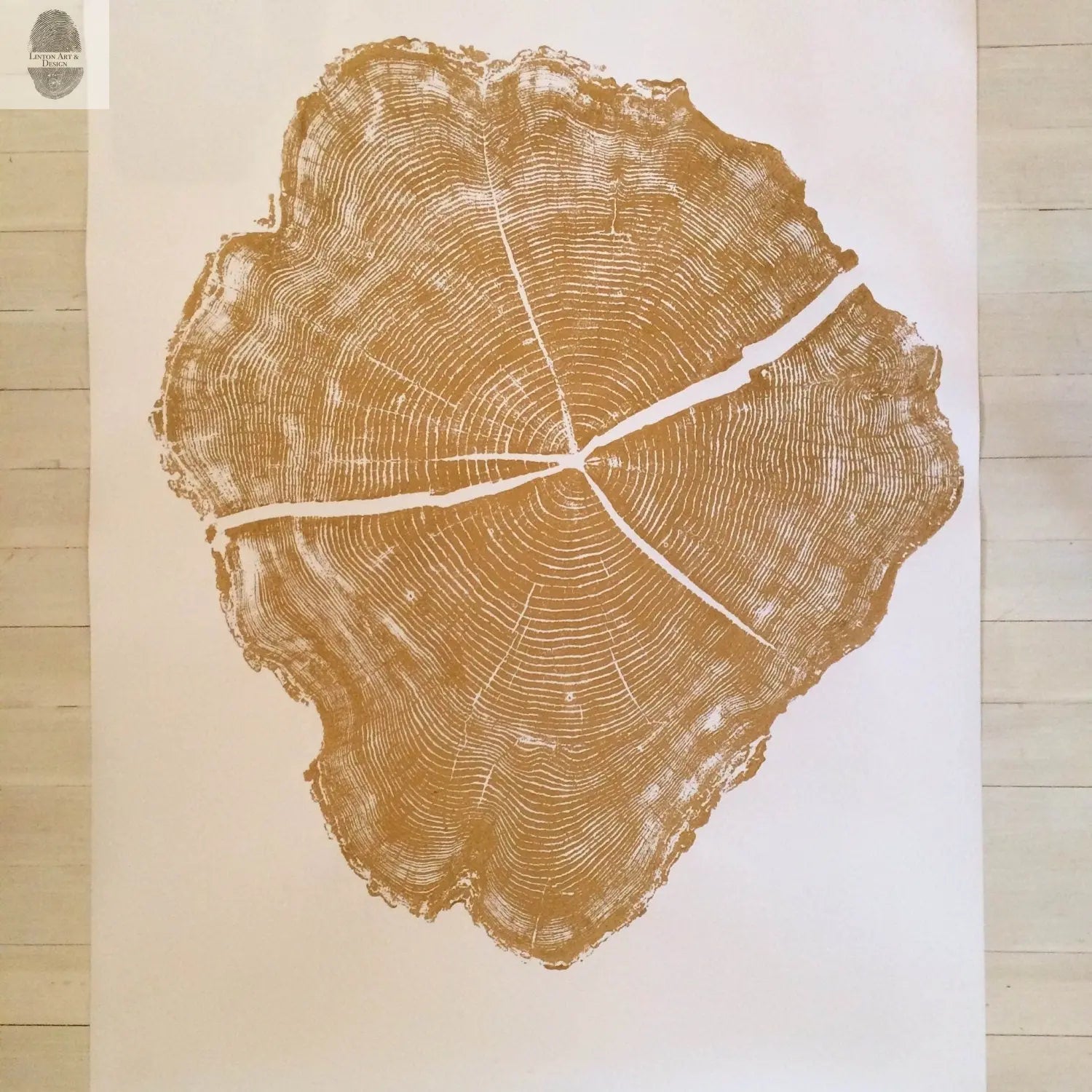 Gold ink woodcut print of Utah Locust Tree by lintonart, sized 36x48 inches