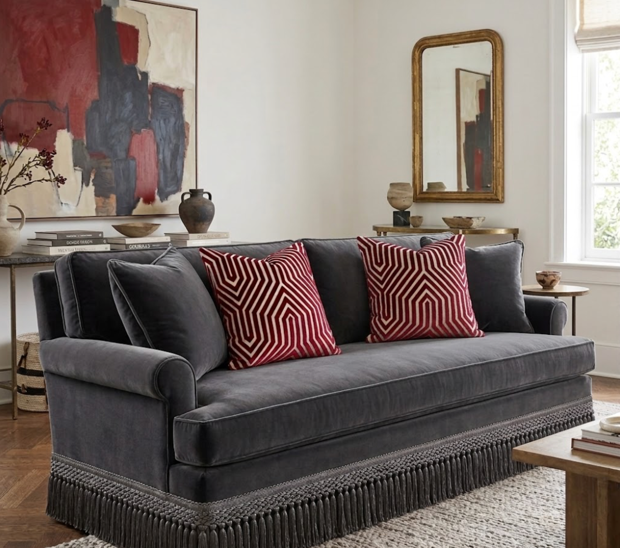 Vanderbilt Velvet Pillow Cover in Garnet Red, Schumacher Textiles by DEKOWE