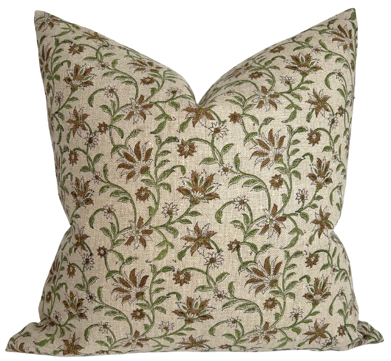 Green Vine Print Pillow Cover showing floral pattern front and ivory linen back