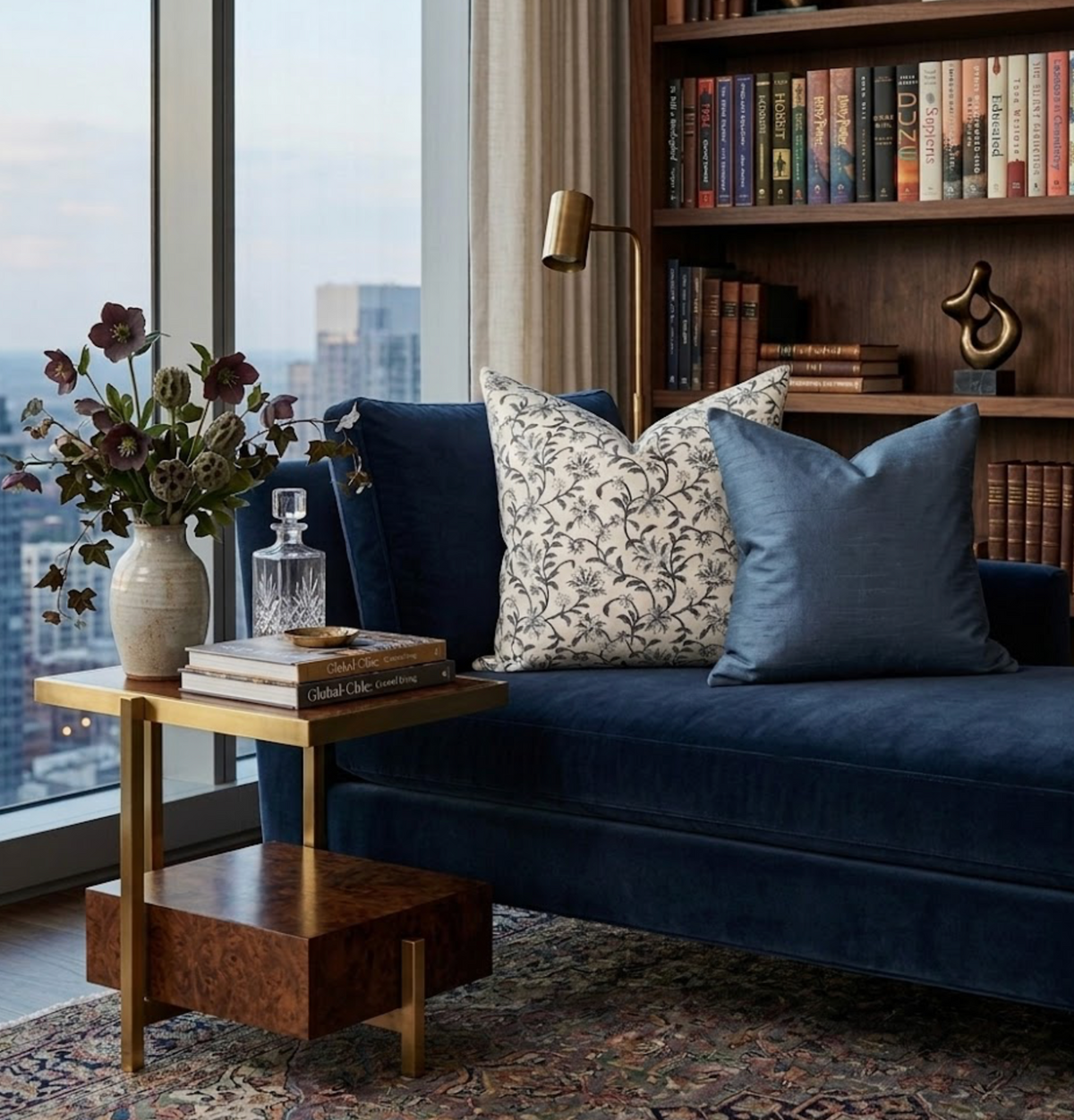 Three decorative pillows on a deep blue velvet sofa, including a cream-colored pillow with indigo vine floral pattern flanked by solid indigo blue pillows, in a cozy reading nook with bookshelves and city view.