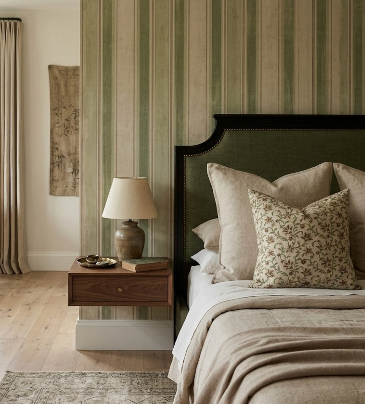 Cozy bedroom corner with olive green upholstered headboard, beige linens, floral vine print pillow, and a floating wooden nightstand with a ceramic lamp and book.