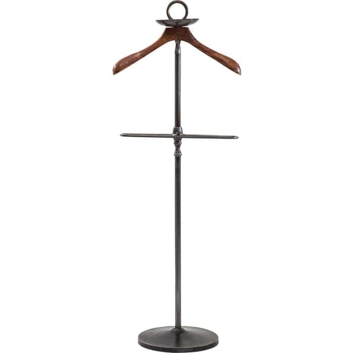 Valet Stand Cosmopolitan by DEKOR showing lacquered mango wood coat hanger, zinc-plated steel rack, and accessory bowl