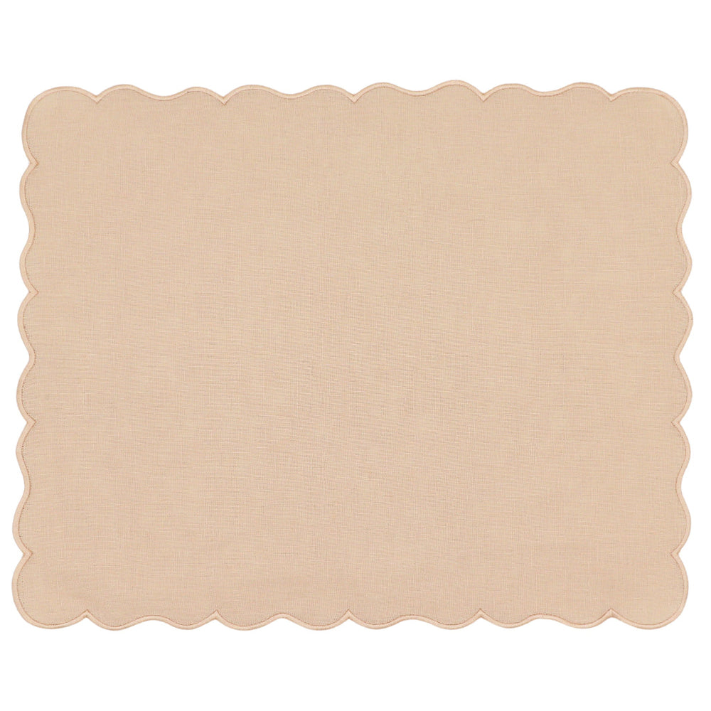 Rectangular beige placemat with scalloped edges and fine textured fabric surface, shown flat against a white background.