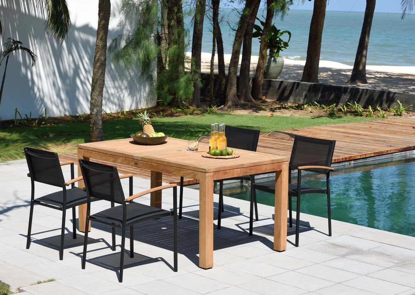 Rinjani Rectangular Table and 4 Vera Stacking Armchair Dining Set by LifestyleGarden US - main product image for Resin Society