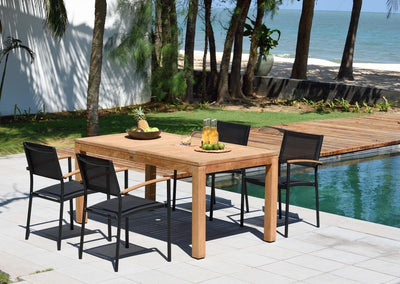 Rinjani Rectangular Table and 4 Vera Stacking Armchair Dining Set by LifestyleGarden US - main product image for Resin Society