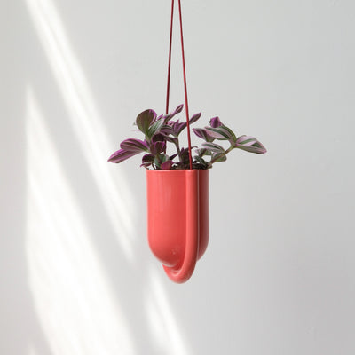 Portico Planter in Vermilion color shown hanging, minimalist ceramic design with integrated drainage