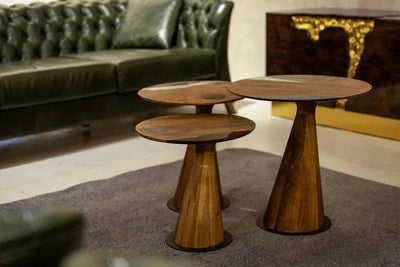 Mushroom Side and End Table made of Walnut wood and clear epoxy resin with sculptural cone-shaped base