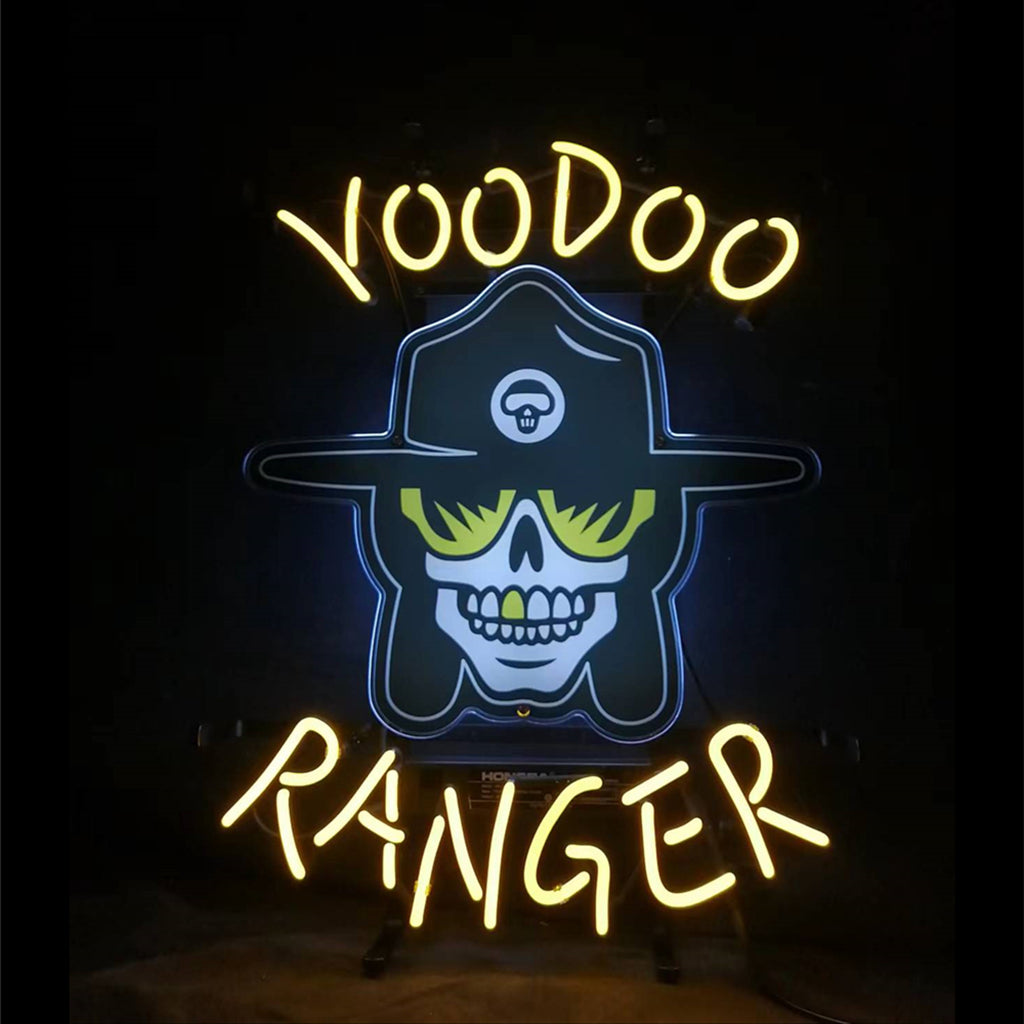 Yellow neon text reading 'VOODOO RANGER' surrounds a blue-outlined skull wearing a black wide-brimmed hat and yellow sunglasses with a mushroom symbol on the hat.