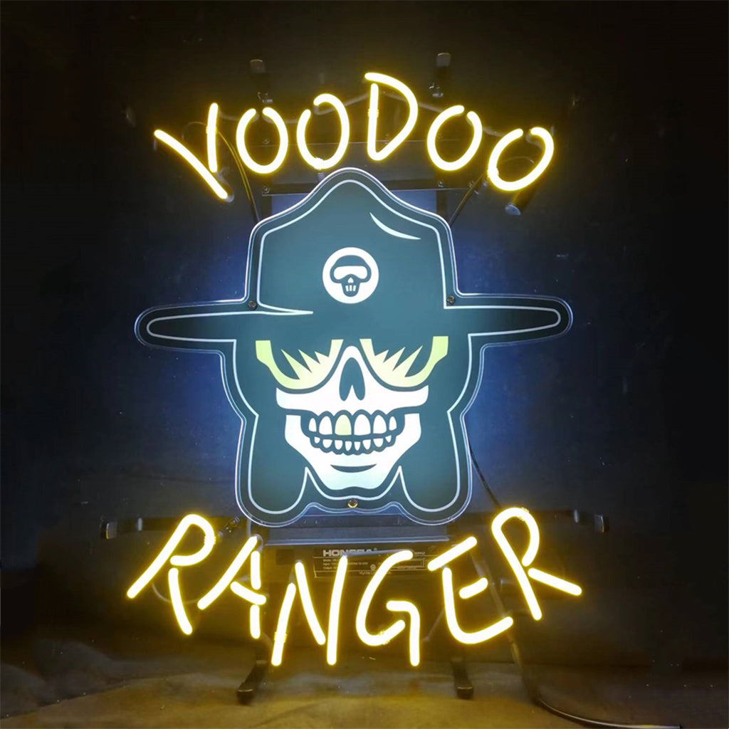 Voodoo Ranger Neon Light Sign glowing in a dim setting mounted on wall