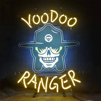 Voodoo Ranger Neon Light Sign glowing in a dim setting mounted on wall