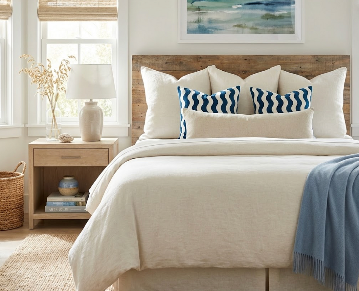 Cozy bedroom featuring a wooden headboard, cream bedding, and decorative pillows with navy blue wave patterns, complemented by a soft blue throw blanket.