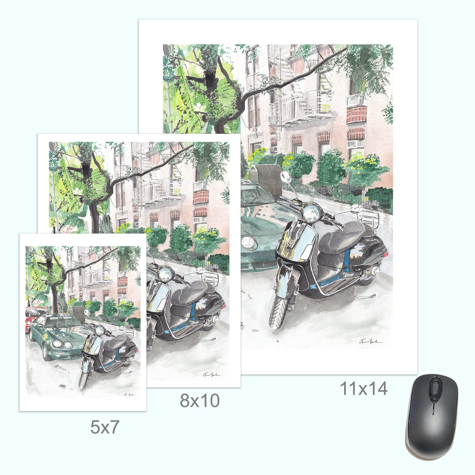 Vespa Scooter and Toyota Celica, Classic Car, Street Scene, Print by Art By Francis - product image 4 for Resin Society