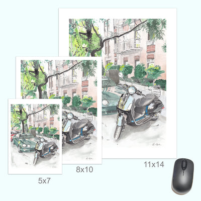 Vespa Scooter and Toyota Celica, Classic Car, Street Scene, Print by Art By Francis - product image 4 for Resin Society