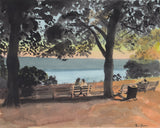 Watercolor painting of three people sitting on park benches under trees, overlooking a calm river at sunset with warm tones and soft shadows.