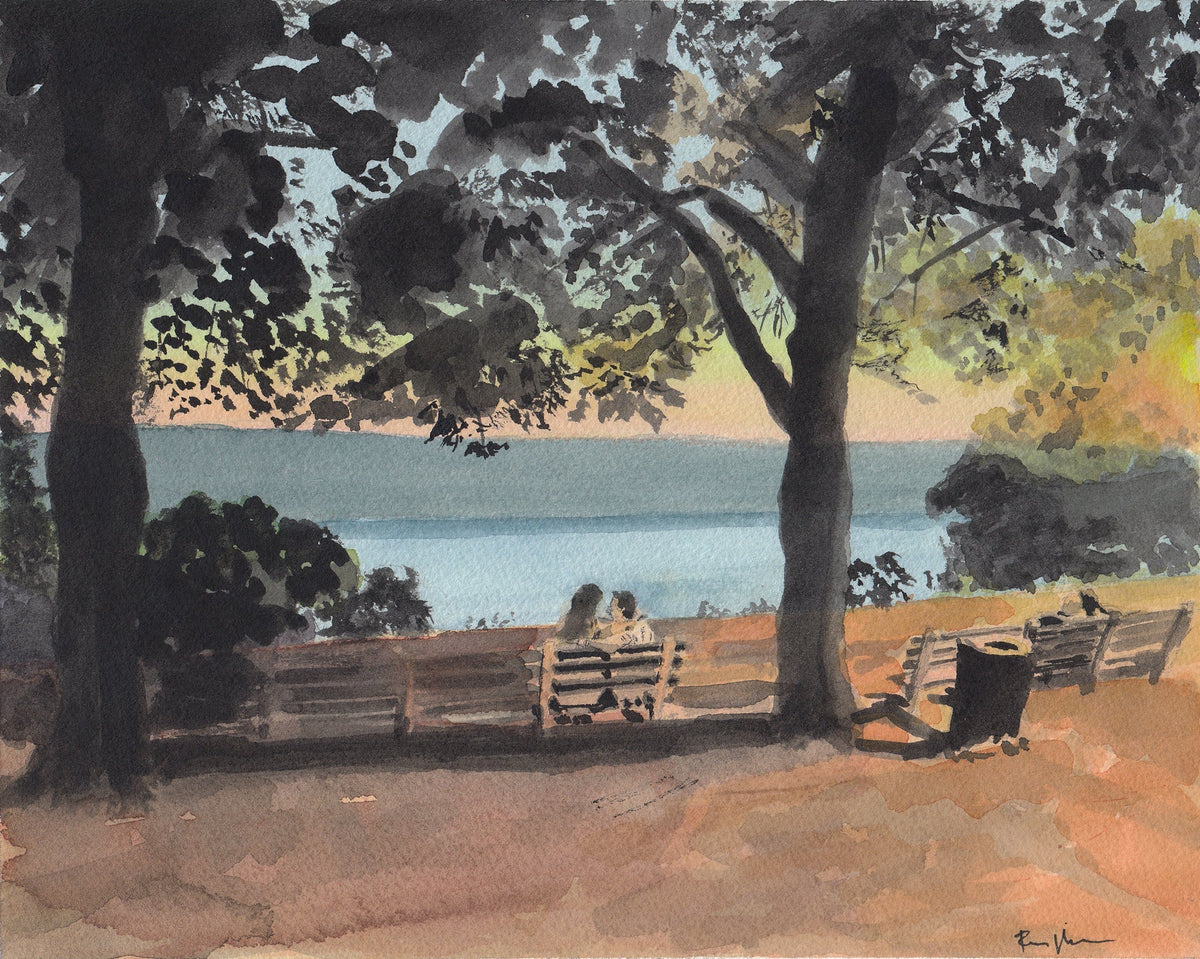Watercolor painting of three people sitting on park benches under trees, overlooking a calm river at sunset with warm tones and soft shadows.