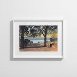 Linden Terrace, Fort Tryon Park, Park Bench, River Scene framed art print showing a warm lamplight glow contrasting a cooler hazy park and river scene.