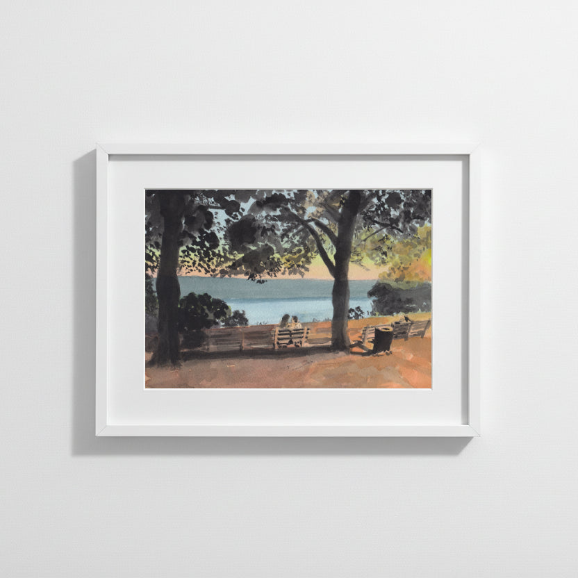 Linden Terrace, Fort Tryon Park, Park Bench, River Scene framed art print showing a warm lamplight glow contrasting a cooler hazy park and river scene.