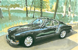 Black 1973 Volkswagen Karmann Ghia classic car print showing side profile with air scoop detail