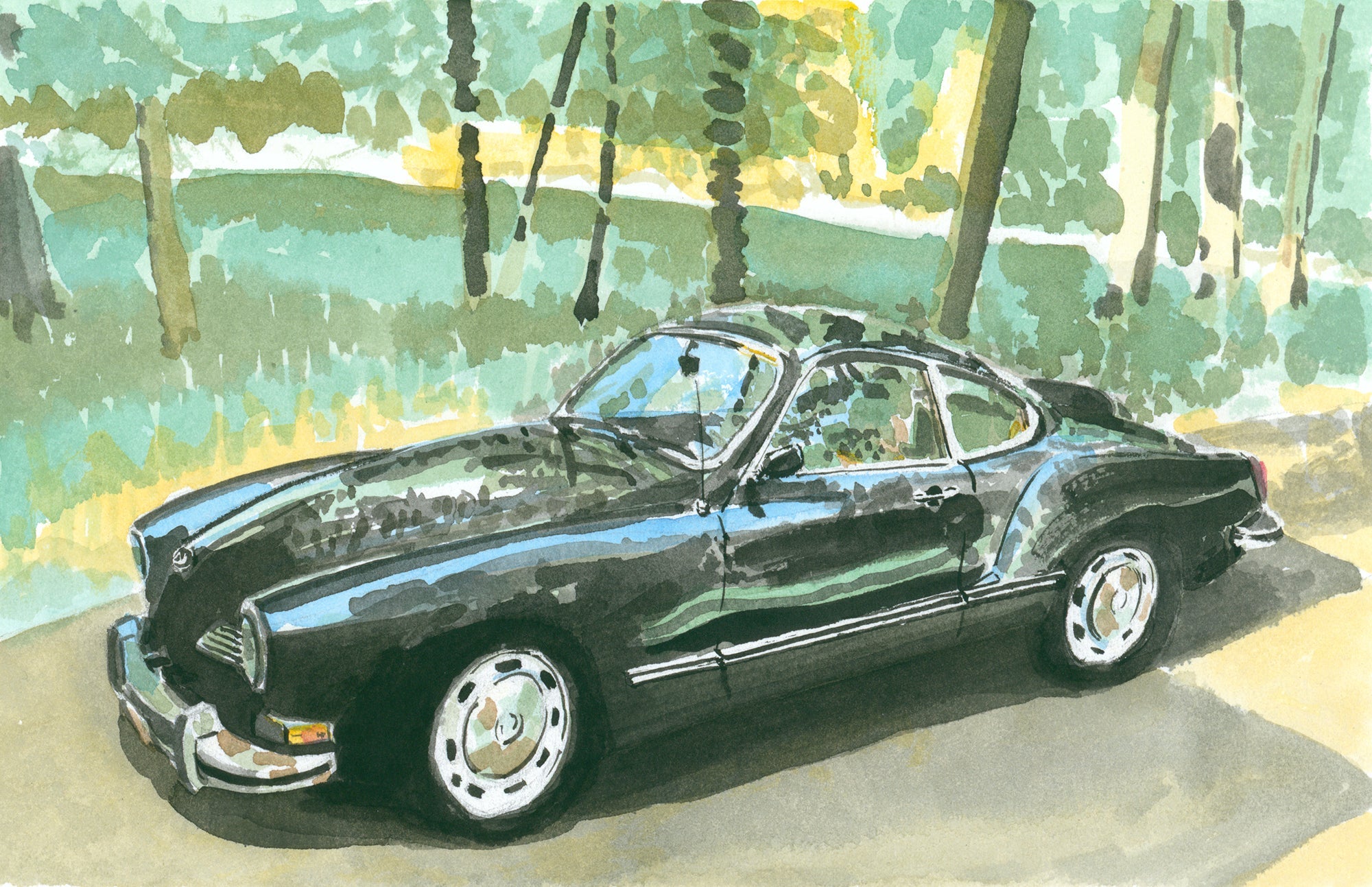 Black 1973 Volkswagen Karmann Ghia classic car print showing side profile with air scoop detail