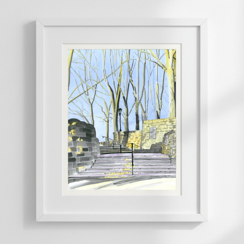 Linden Terrace Stairs, Fort Tryon, Watercolor, Sunset by Art By Francis - main product image for Resin Society