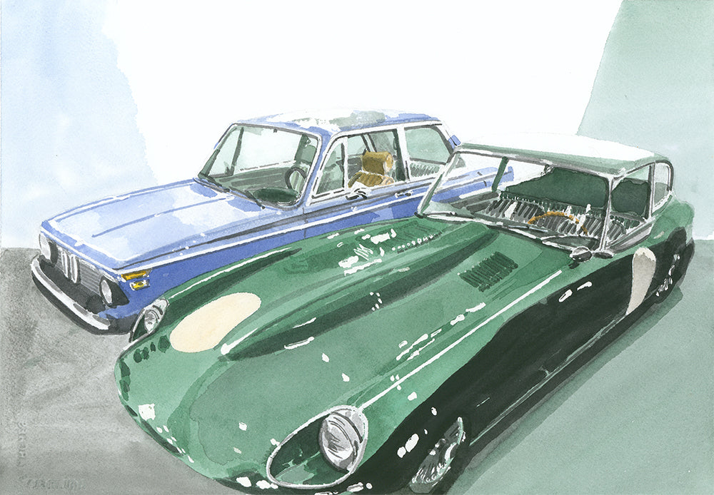 Jaguar E-Type and BMW 2002 Painting, Classic Cars, Watercolor, Print by Art By Francis - main product image for Resin Society