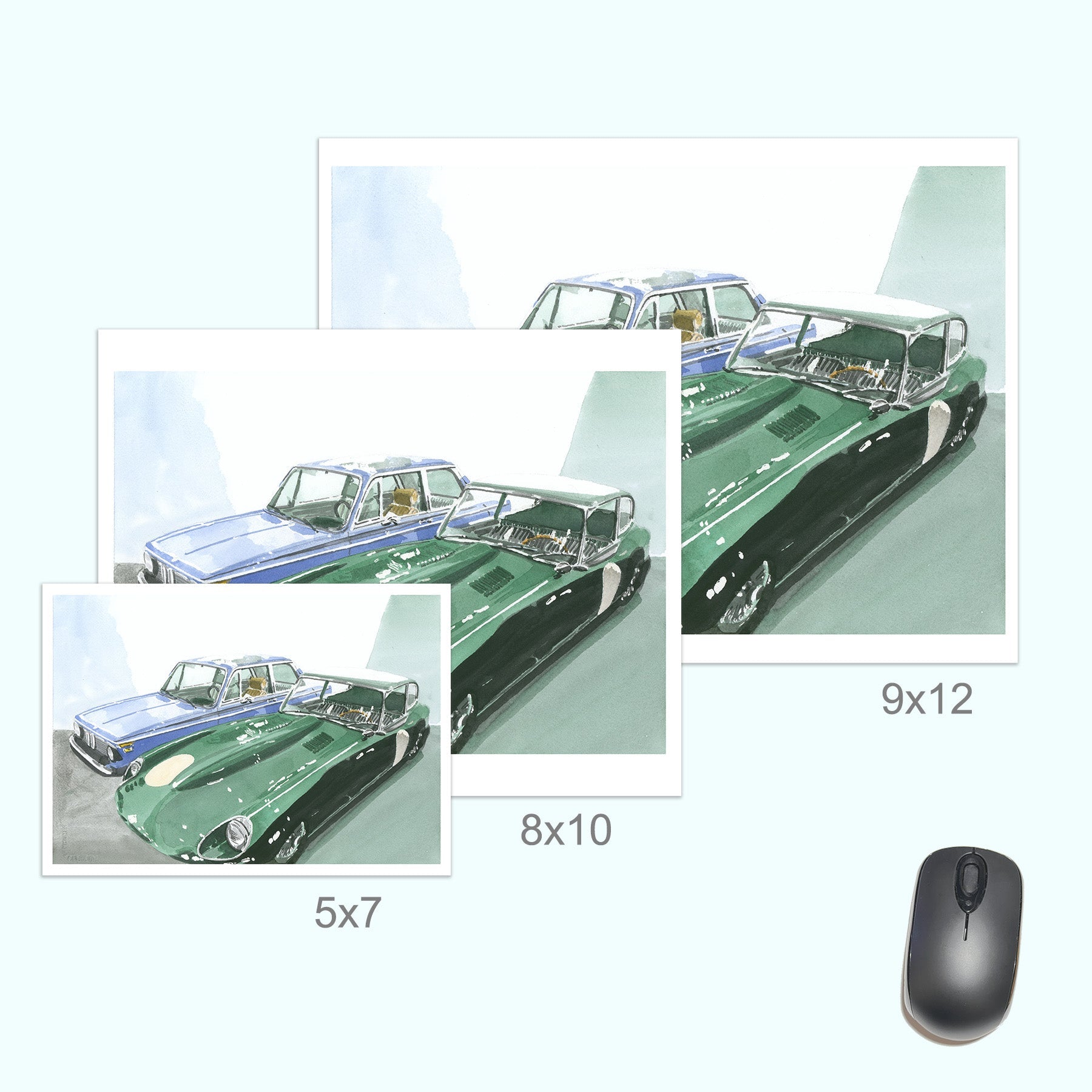 Jaguar E-Type and BMW 2002 Painting, Classic Cars, Watercolor, Print by Art By Francis - product image 3 for Resin Society
