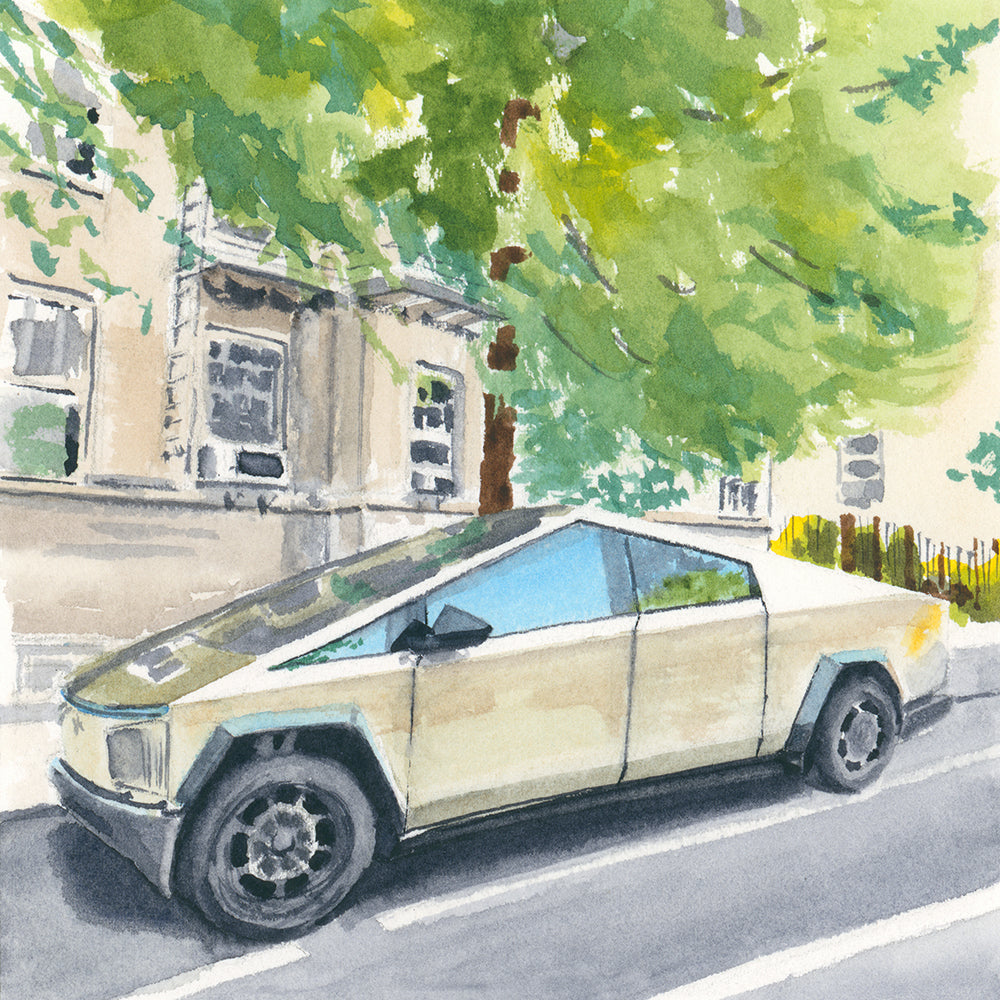 Watercolor painting of a Tesla Cybertruck parked in NYC with a parking ticket on its windshield