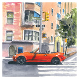 Watercolor painting of a bright red convertible sports car parked at a city crosswalk, with soft pastel-colored buildings and green street signs in the background.