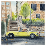 Yellow Triumph Spitfire convertible parked by stone stairs and brick buildings with greenery under a softness of sunlight in watercolor style.