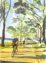 Watercolor painting of two cyclists riding along a sunlit path lined with tall trees casting dappled shadows, with a river visible on the left side.