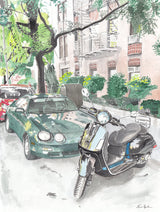 Vespa Scooter and Toyota Celica, Classic Car, Street Scene, Print by Art By Francis - main product image for Resin Society