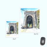 Watercolor painting of Billings Arcade's stone archway in winter, showing deep shadows inside and snow-covered ground outside under a bright blue sky.