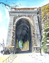 Watercolor print of Billings Arcade in winter at Fort Tryon Park, showing snow and sunlight on the arcade's southern end.