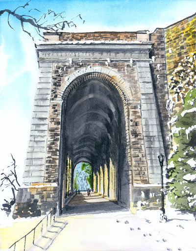 Watercolor print of Billings Arcade in winter at Fort Tryon Park, showing snow and sunlight on the arcade's southern end.