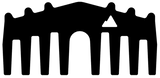Black comb with wide rectangular teeth and a wavy, scalloped top edge, shown from the front on a black background.