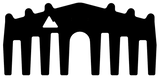Black resin hair comb with a symmetrical shape featuring evenly spaced wide teeth, a central arch, and a triangular cutout near the top left.