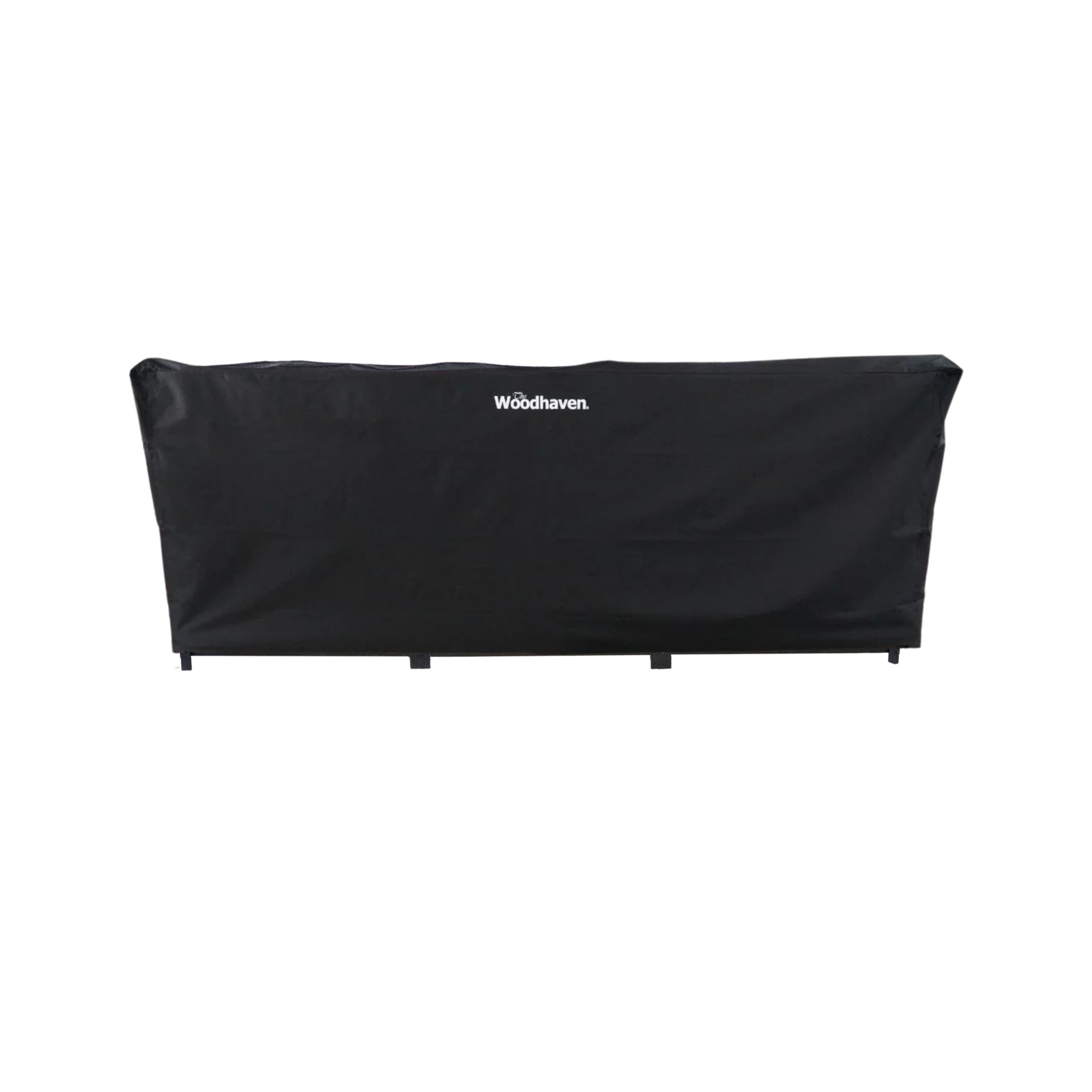 Woodhaven Full Firewood Rack Cover on firewood rack in outdoor setting